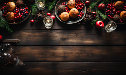 Top view of traditional Christmas and New Year wooden table filled with food, old vibes. Christmas/New Year card with copy space area  - Generative AI