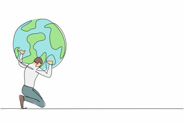 Single continuous line drawing exhausted businessman carrying heavy globe on his back. Earth exploitation, industrial pollution, natural resources. World economic crisis. One line draw design vector