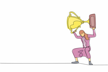 Single continuous line drawing frustrated businesswoman carrying trophy on her back. Female worker failed achieve goals. Delayed career path at office. One line draw graphic design vector illustration