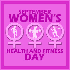 Three female symbols containing women who are doing fitness, with bold text on purple background to commemorate National Women's Health And Fitness Day on September