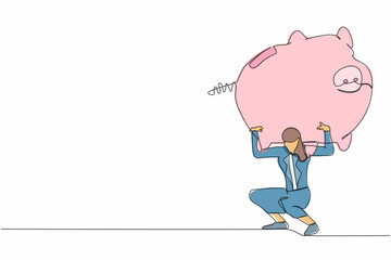 Single one line drawing frustrated businesswoman carrying heavy piggy bank on her back. Broke and financial problems concept. Searching money in crisis. Continuous line draw design vector illustration