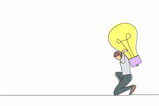 Single continuous line drawing exhausted businessman carrying heavy light bulb on his back. Uninspired or no idea after business failure, burnout in crisis. One line graphic design vector illustration