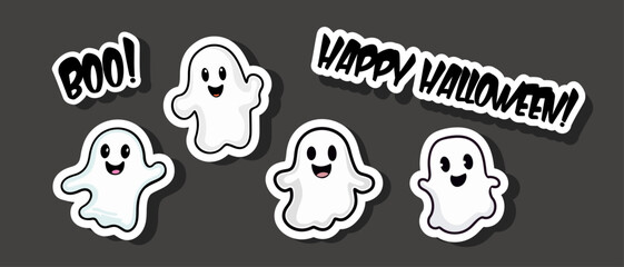 Vector Ghost illustration sticker isolated on white, Halloween party ghost design Happy halloween cute cartoon ghosts character trendy flat design kawaii boo
