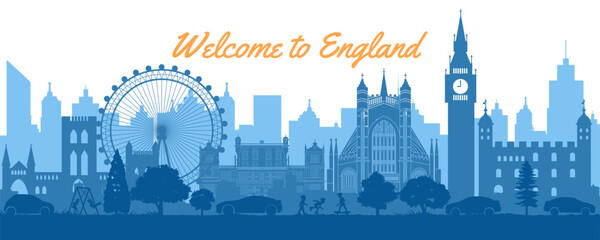 Fototapeta England scenery with famous landmarks by silhouette style obraz