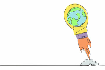 Single one line drawing of globe launching with light bulb. Startup travel world business acceleration. Future company and strategy planning concept. Continuous line design graphic vector illustration