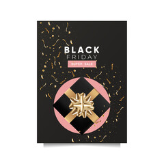 Black Friday sale banner with confetti and a gift box in the middle on black background