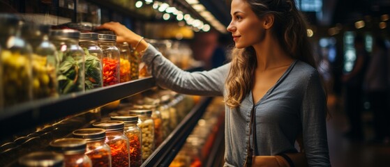 In a grocery store, a woman is evaluating merchandise.