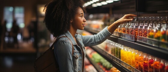 In a grocery store, a woman is evaluating merchandise.
