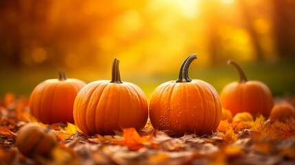 Vibrant Autumn Pumpkins in Halloween Ambiance - obrazy, fototapety, plakaty