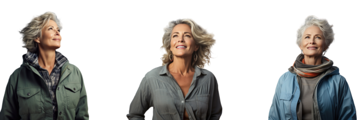 Happy and self assured middle aged woman on beach surrounded by stormy sky and ocean with room for text