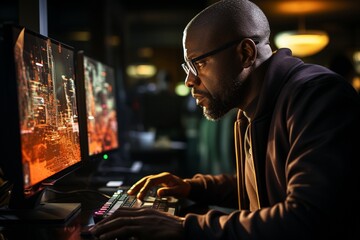Black man working on a computer in close-up, with lines of code language reflected in his glasses. developing new software as a male programmer .