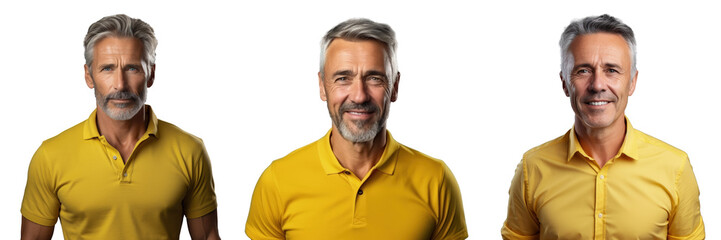 Obraz premium Charming mature man true boss content in yellow shirt isolated on transparent background