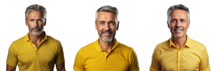 Charming mature man true boss content in yellow shirt isolated on transparent background