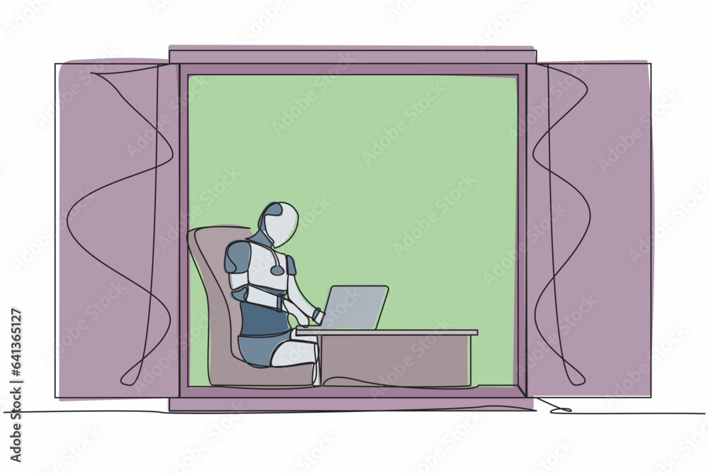 Poster single continuous line drawing robot sitting at desk and using laptop near window. factory managemen