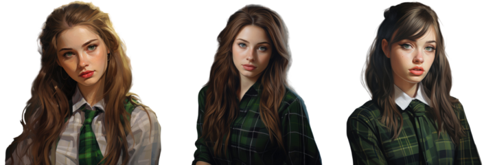 Flirty girl with green eyes in plaid school outfit captured in a portrait