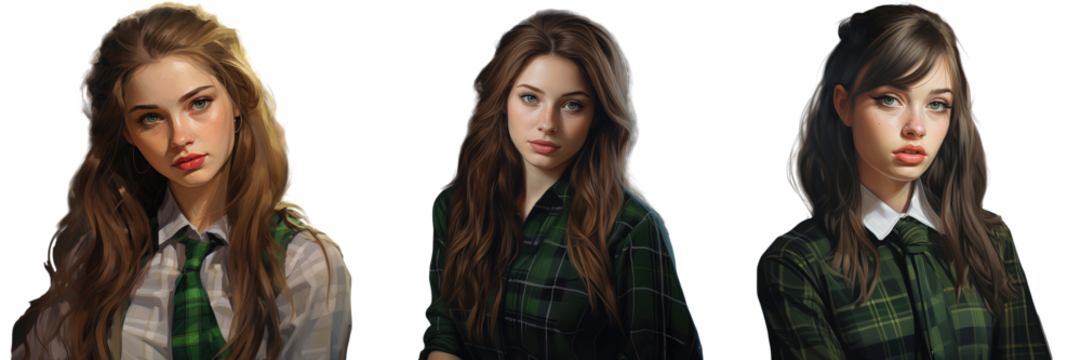 Flirty girl with green eyes in plaid school outfit captured in a portrait