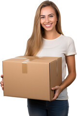 Happy woman holding a cardboard box. Concept of packing or moving. Transparent background.