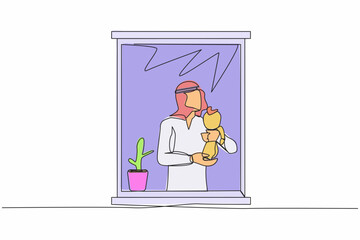 Single continuous line drawing Arab man holding newborn baby near window. Child lies on in dad's arms. Dad helping mom taking care of baby kid. Dynamic one line draw graphic design vector illustration