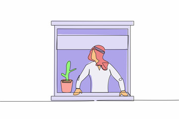 Continuous one line drawing curious Arab businessman looking outside window. Stay at home during coronavirus covid-19. Man with a plant watching out the window. Single line design vector illustration