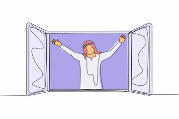 Single continuous line drawing happy Arab man looking out of window meet new day breathe fresh air. Male stretching in morning enjoy sunny weekend at home. One line graphic design vector illustration