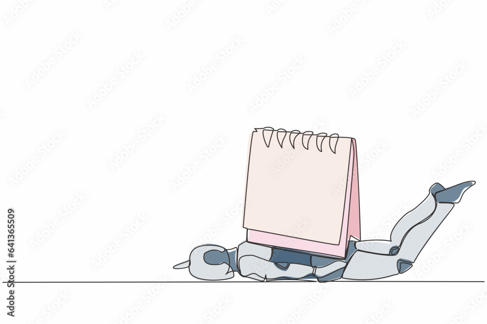 Poster continuous one line drawing stressed robot under heavy calendar burden. tired robot with work proble