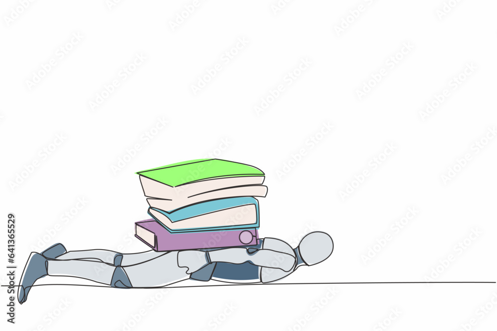 Poster single one line drawing stress robot under heavy pile paper folder burden. tired robot cannot cope w