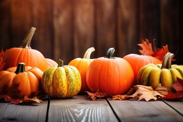 Pumpkins and autumn leaves arranged neatly on a wooden table - Fall Festivity - for text overlay - AI Generated