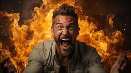 Excited man with burning fists making a combat motion. Concept of rage. Angry argument.