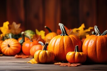 Pumpkins and autumn leaves arranged neatly on a wooden table - Fall Festivity - for text overlay - AI Generated