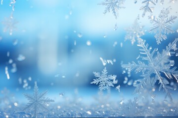 Fototapeta na wymiar Snowflakes softly landing on a windowpane - Winter Solitude, Space for text overlay - AI Generated