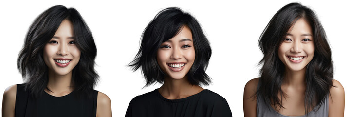 Smiling Asian woman with new haircut standing against transparent background