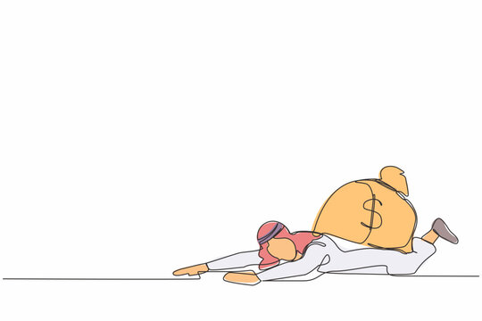 recommend clip art: Single one line drawing Arabian businessman under heavy money bag burden. Finance crisis money fall down. Economic crash due to pandemic. Modern continuous line draw design graphic vector illustration