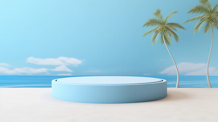 Obraz premium Minimal round marble podium, Aesthetic summer dais, 3D podium with a premium summer beach background, seaside sand, waves and coconut trees for product showcase, AI generated.
