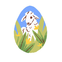 Easter egg-shape drawing. Cute sheep animal in grass, in spring nature with meadow flowers, plants. Religious holiday decor. Childish flat graphic vector illustration isolated on white background