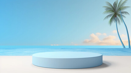 Obraz premium Minimal round marble podium, Aesthetic summer dais, 3D podium with a premium summer beach background, seaside sand, waves and coconut trees for product showcase, AI generated.