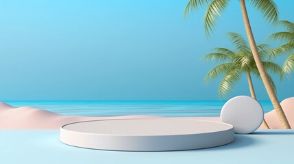 Minimal round marble podium, Aesthetic summer dais, 3D podium with a premium summer beach background, seaside sand, waves and coconut trees for product showcase, AI generated.