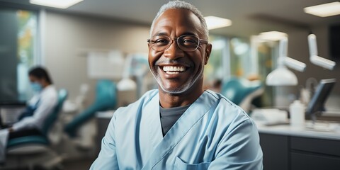 Obraz premium AI Generated. AI Generative. Adult male man doctor dentist face portrait at work place. Health care hospital center. Graphic Art