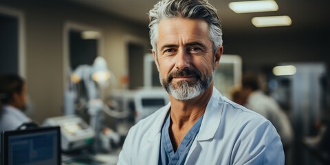 Fototapeta premium AI Generated. AI Generative. Adult male man doctor dentist face portrait at work place. Health care hospital center. Graphic Art