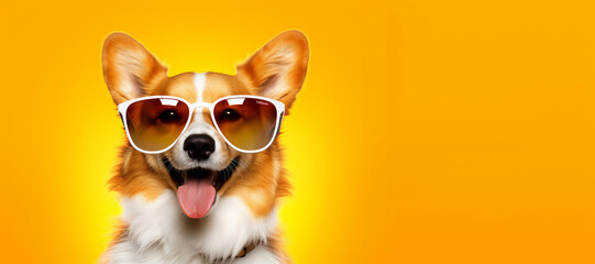 Advertising banner, space for text, funny corgi with glasses on a yellow background. AI generated