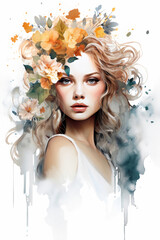 Watercolor female portrait. Fictional character, non-existent woman. Wreath of flowers on the head. AI generated