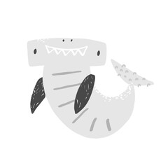 Cute smiling hammerhead shark. Vector hand drawn illustration of shark on white background. Clipart for children. Sea, ocean. Underwater life.