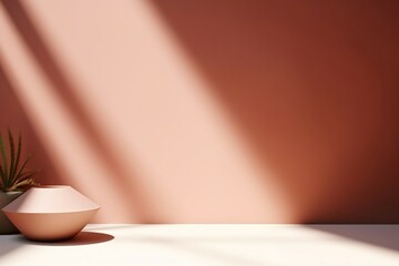 Unobtrusive background with shadow on the wall. Premium podium, stand on pastel light background. Mock up for exhibitions, presentation of products. generative ai.