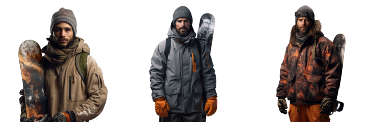Male snowboarder on transparent background with board