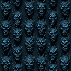 Abstract dark background with ominously laughing faces of monsters. Generative AI.