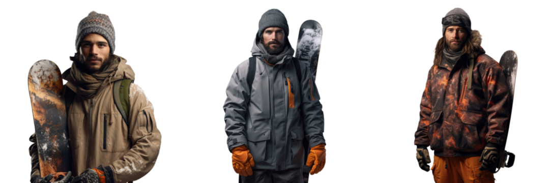 Male snowboarder on transparent background with board
