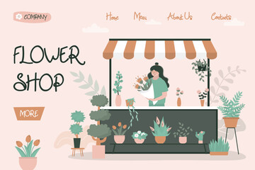 Woman florist selling bouquets of flowers at outdoor flower shop, landing page template. Seller sells plants and flowers. Gardening shop. Vector flat illustration