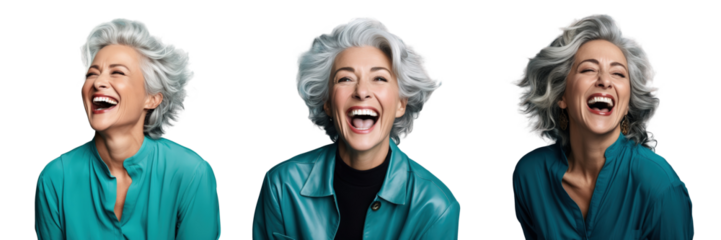 Cheerful grey haired woman laughing at a joke isolated on a bright transparent background