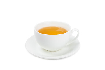 Herbal tea with fresh chamomile flowers isolated on white background. Calming and relaxing drink. Immunity.Cup of hot chamomile tea. Tea drinking concept. Tea ceremony.