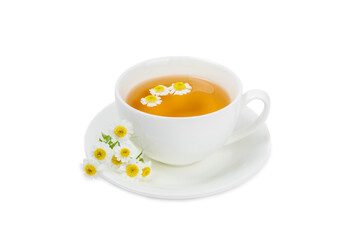 Herbal tea with fresh chamomile flowers isolated on white background. Calming and relaxing drink. Immunity.Cup of hot chamomile tea. Tea drinking concept. Tea ceremony.
