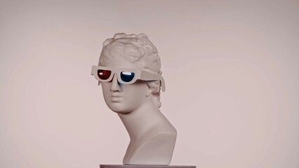 Closeup shot. Ancient marble bust statue of roman era woman in 3d glasses on a platform. Isolated...